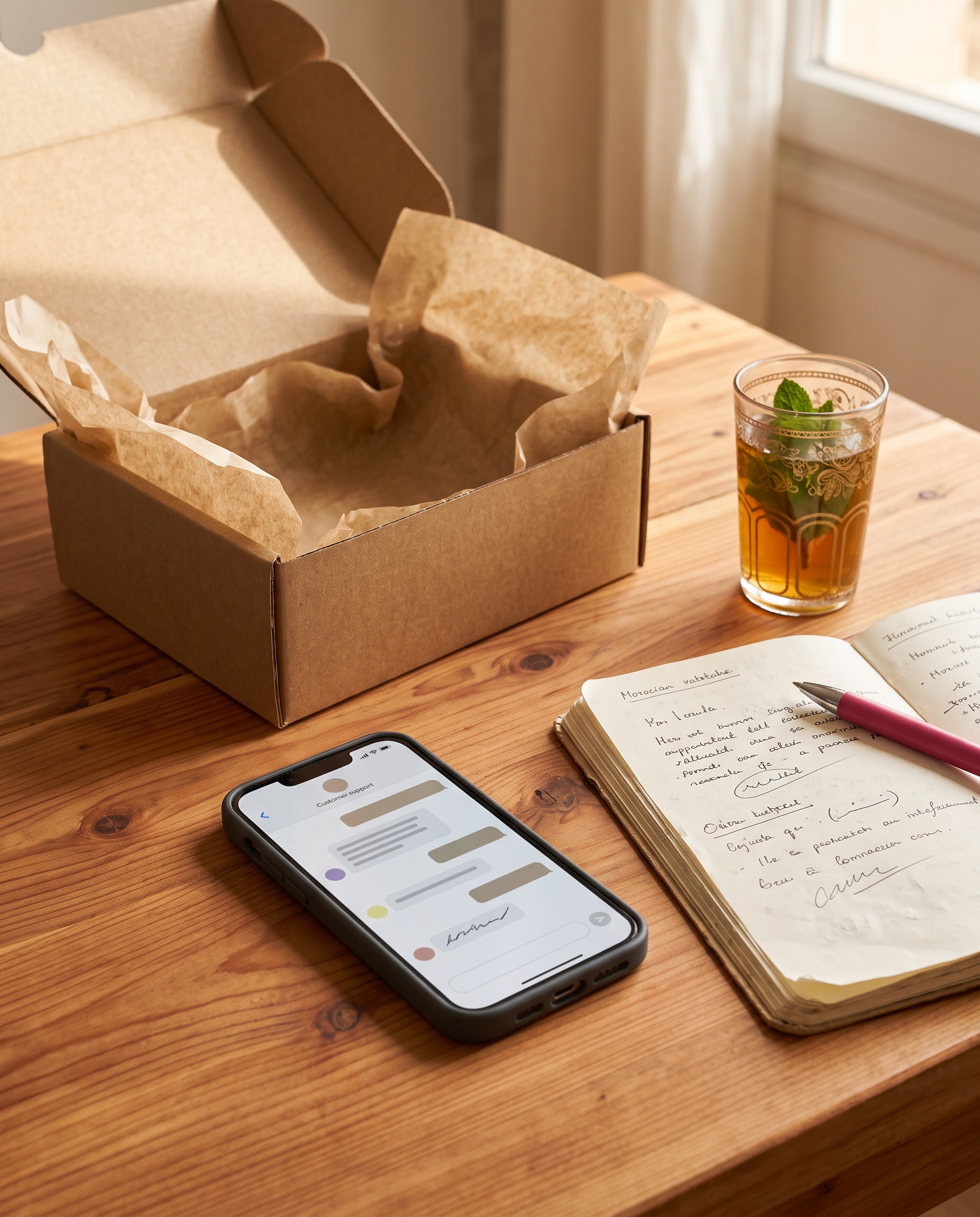 Online customer support workspace with smartphone and prepared parcel
