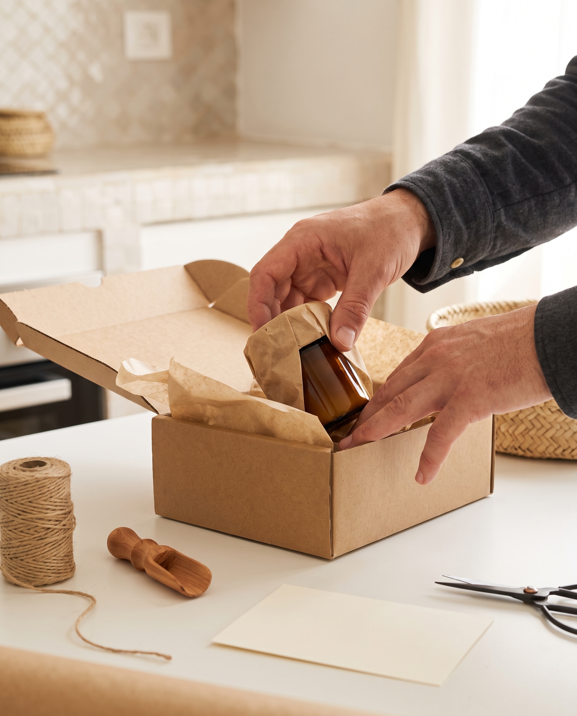 Hands carefully preparing a Yassine Products order for delivery