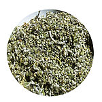 Close-up of loose dried sage-green Metnane leaves mixed with pale woolly shoots, shown in a round frame on a white background