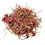 A loose tangle of slender dried roots and stems in rose-red and golden shades, with clusters of dried pink flowers, on a white background