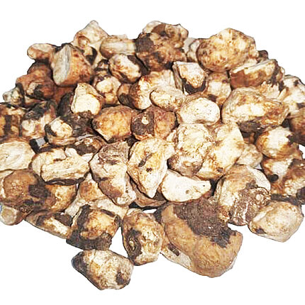 Loose irregular dried Bakbouka pieces in cream, beige and brown tones on a white background