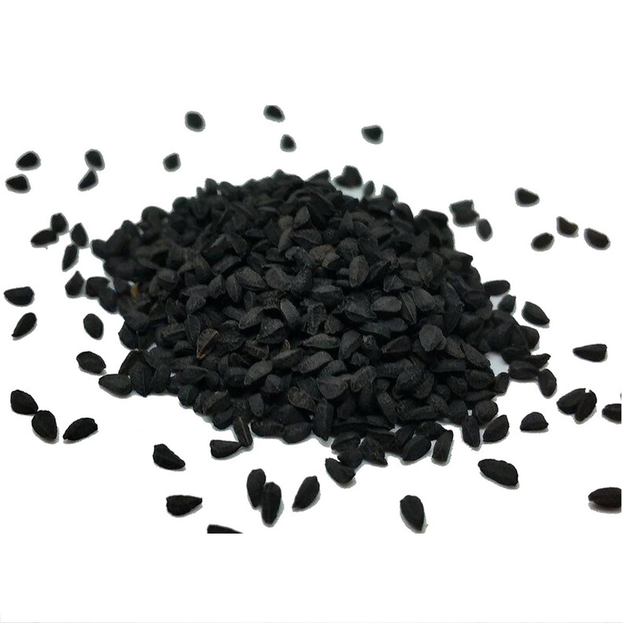 001-moroccan-black-seeds-variation Loose matte-black black seeds scattered around a pile on a white background