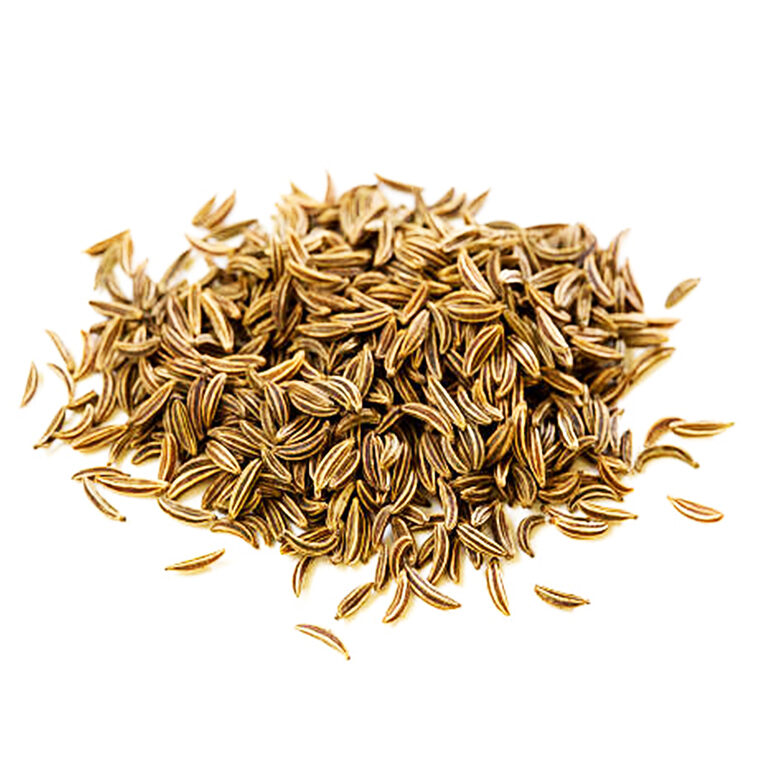 Close-up of loose whole brown caraway seeds with pale ridges on a white background