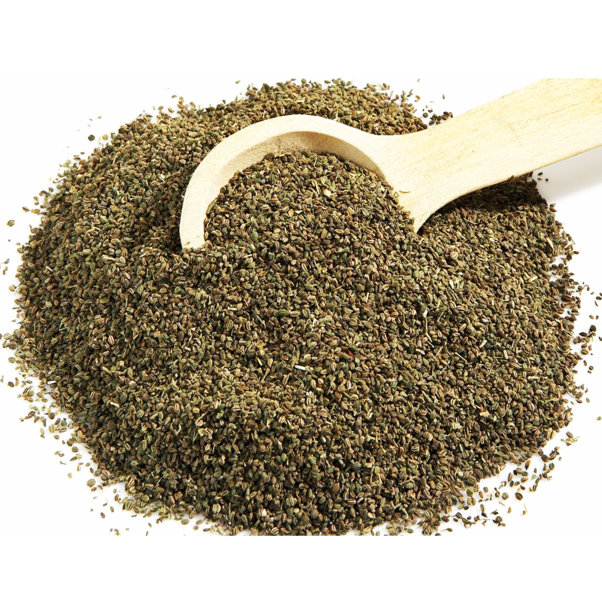 001-moroccan-celery-seeds-variation Whole green-brown celery seeds spread beside a wooden scoop on a white background