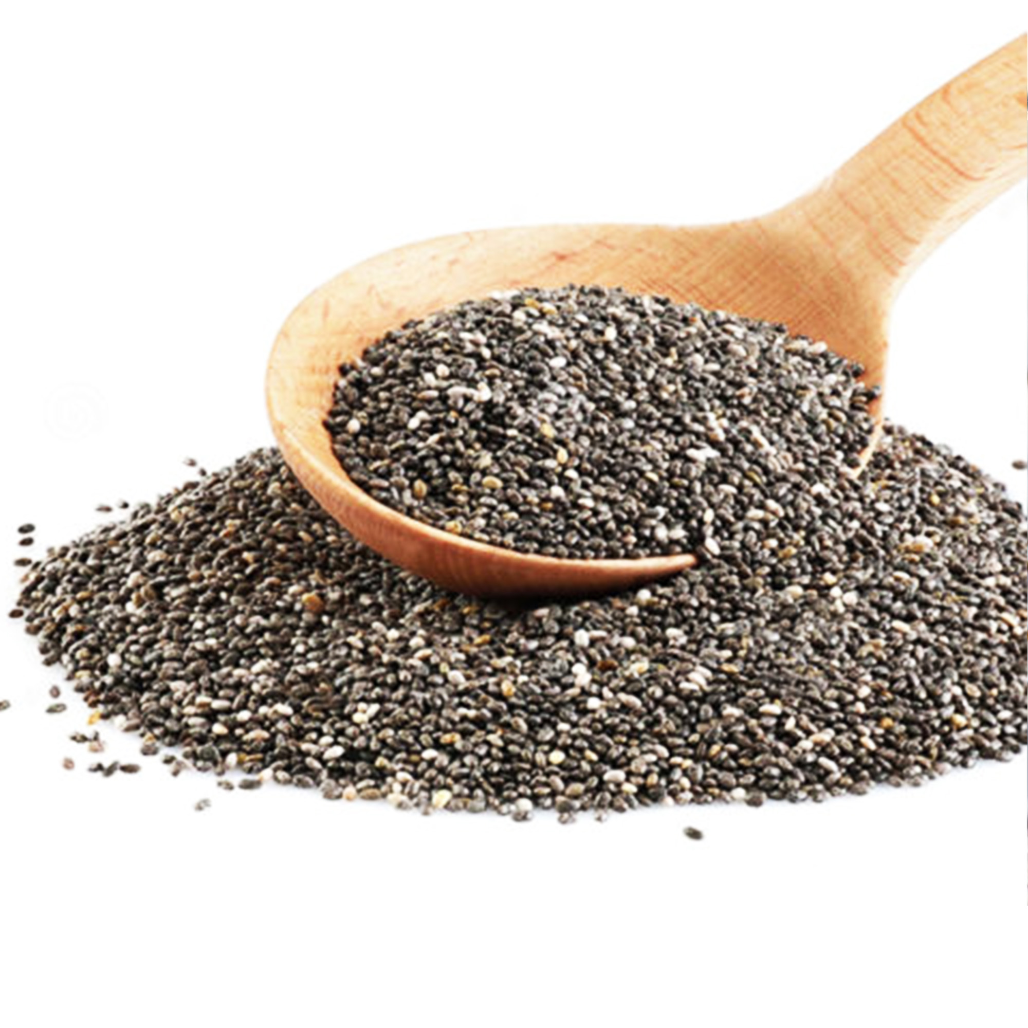 001-moroccan-chia-seeds-variation Wooden spoon filled with speckled chia seeds on a bed of loose seeds