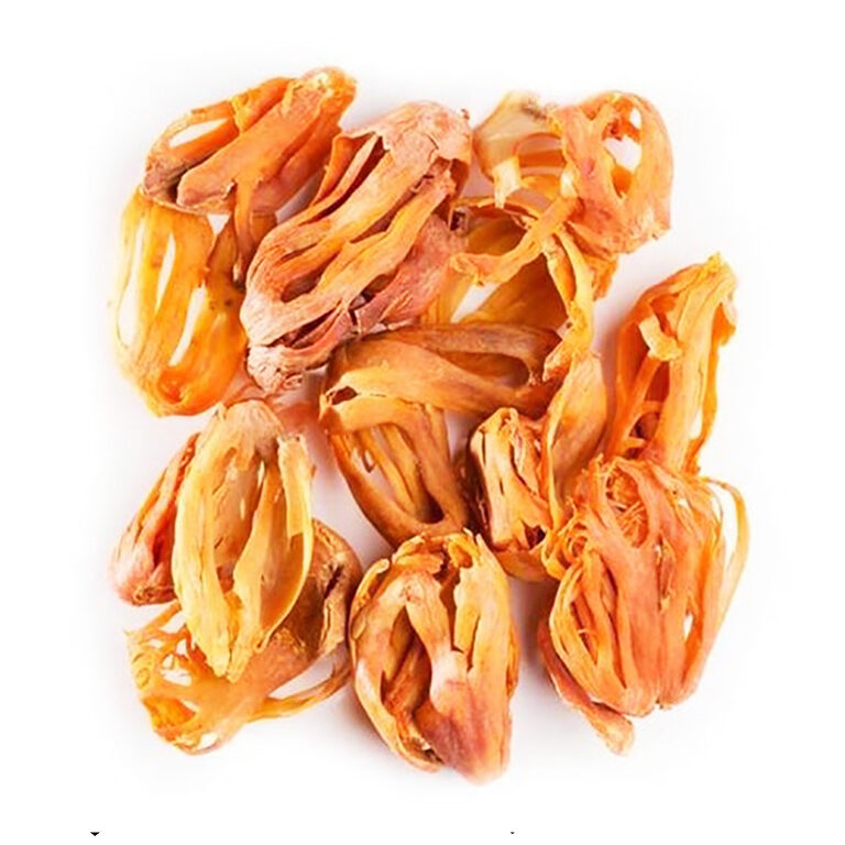Lames entières de macis séché doré orangé sur fond blanc