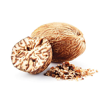 One whole nutmeg kernel, one cut-open kernel and grated nutmeg on a white background.
