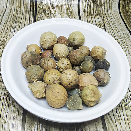 Bol blanc rempli de galles de tanin entières séchées et marbrées sur une surface imitation bois