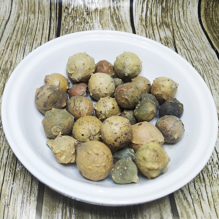 White bowl filled with whole mottled dried tannin galls on a wood-grain surface