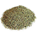 A heap of dried, crumbled grey-green thyme leaves with small brown stem pieces on a white background