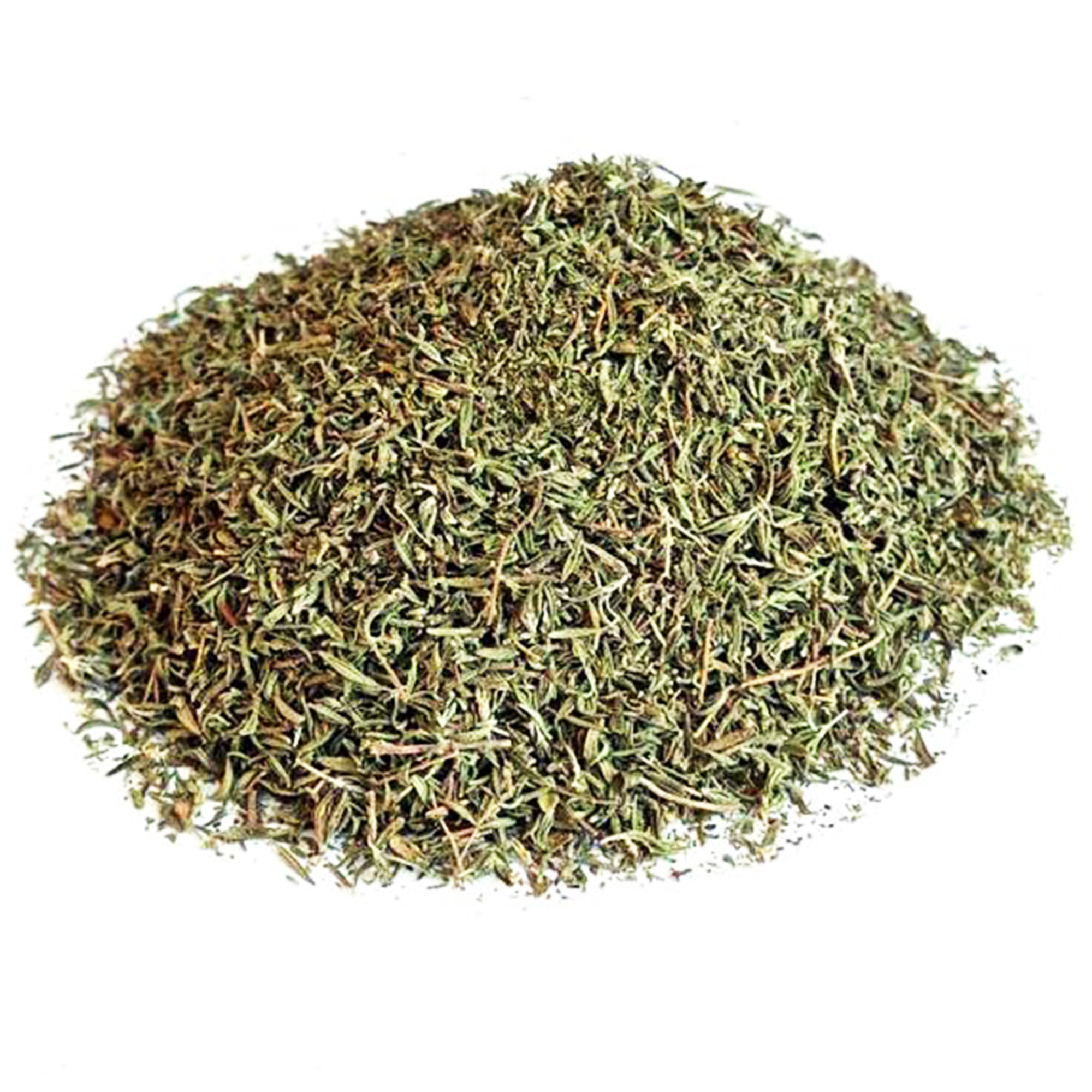 001-moroccan-thyme-variation A heap of dried, crumbled grey-green thyme leaves with small brown stem pieces on a white background