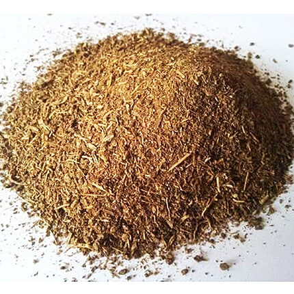A loose mound of coarse tan-brown Indian costus root powder spread across a plain white surface.