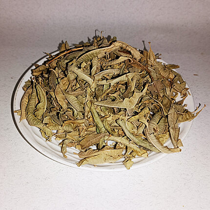 Loose dried lemon verbena leaves and fine stems piled on a round white plate