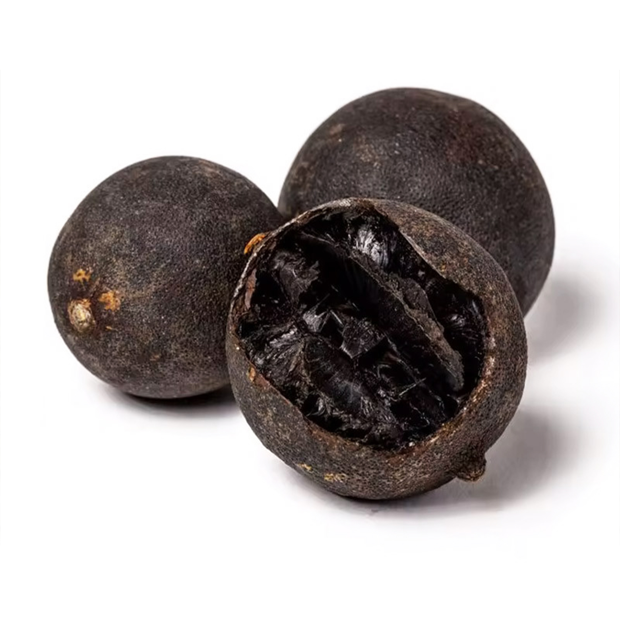 001-v-26 Three whole dark dried black lemons, with one cut open to show its dark interior
