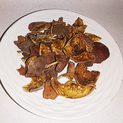 Morceaux irréguliers d’écorce de grenade séchée bruns, brun rouge et dorés sur une assiette blanche.