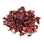 Loose dark burgundy dried hibiscus calyces on a white background