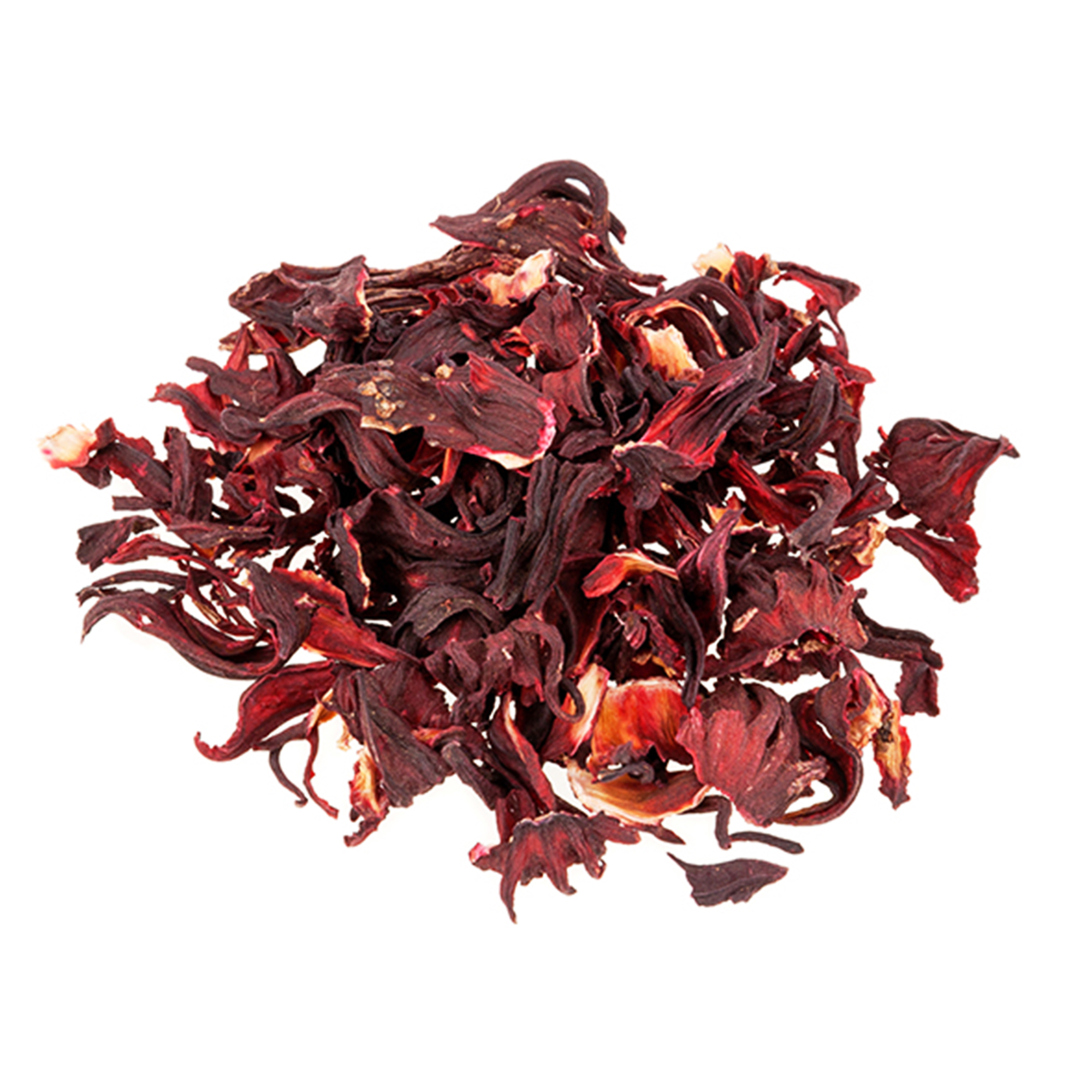 001-v-43 Loose dark burgundy dried hibiscus calyces on a white background