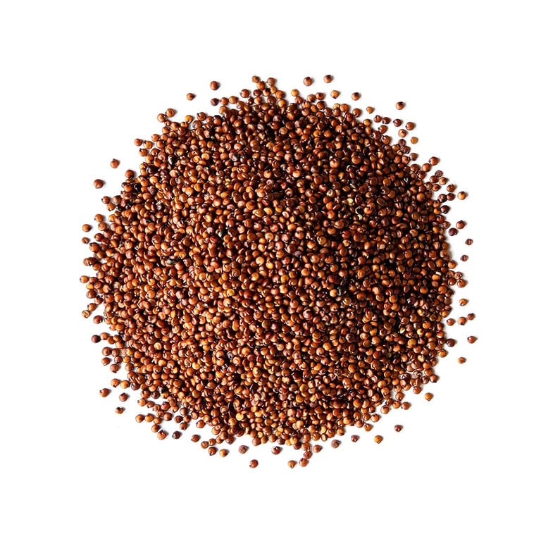 Loose reddish-brown quinoa seeds arranged on a white background