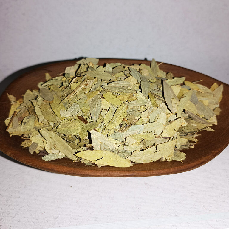 Pale green dried senna leaves spread in a round wooden dish