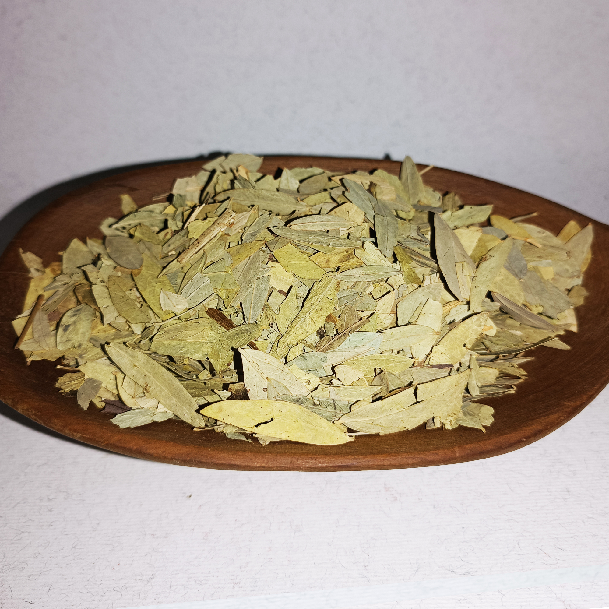 001-v-53 Pale green dried senna leaves spread in a round wooden dish