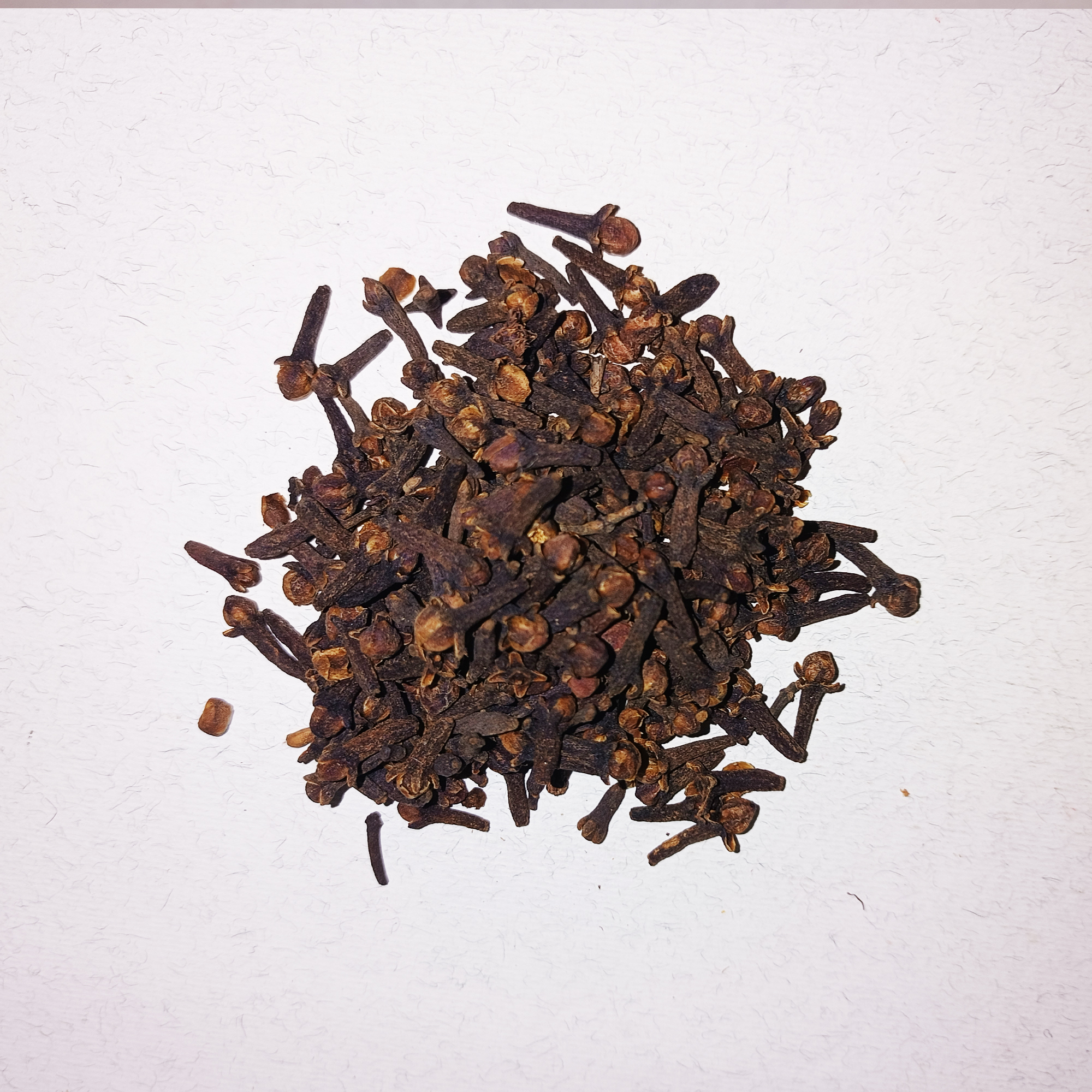 001-v-70 Pile of whole dried cloves on a white textured surface