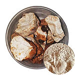 Bowl of large dried Bakbouka pieces with a close-up inset showing the fine brown powder
